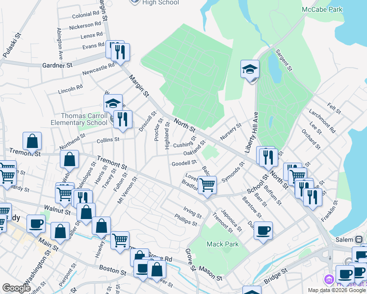 map of restaurants, bars, coffee shops, grocery stores, and more near 6 Cushing Street in Salem