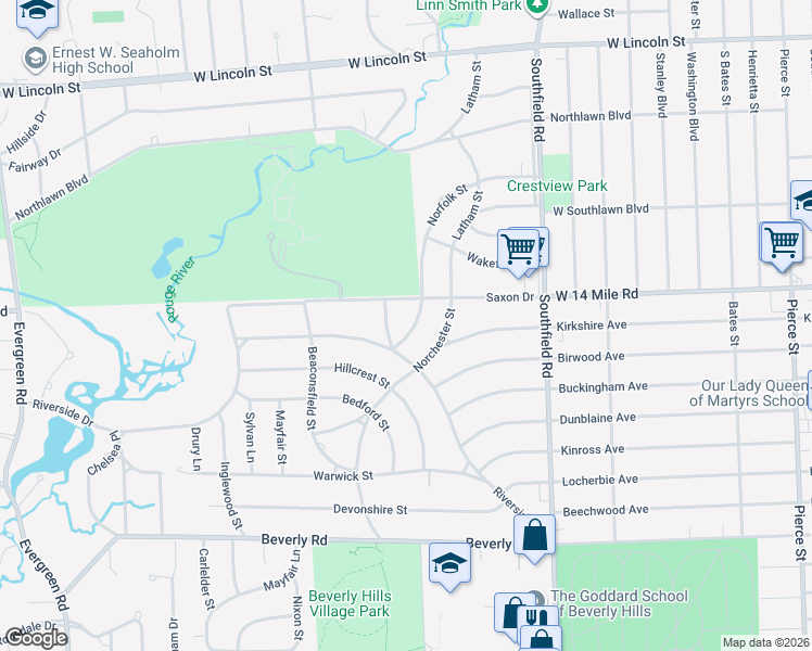 map of restaurants, bars, coffee shops, grocery stores, and more near 18415 Saxon Drive in Beverly Hills