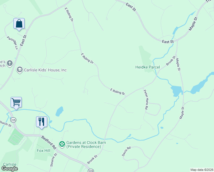 map of restaurants, bars, coffee shops, grocery stores, and more near 363 East Riding Drive in Carlisle