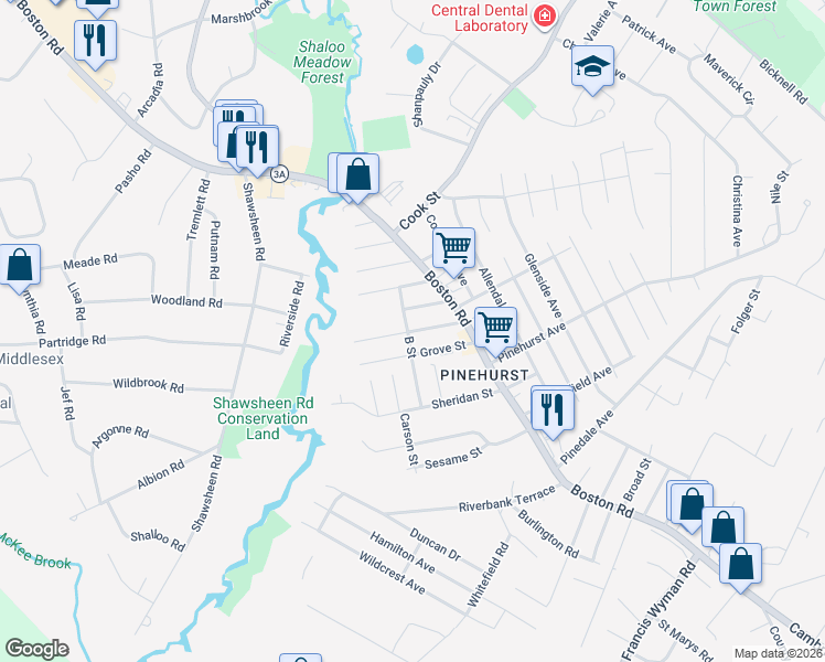 map of restaurants, bars, coffee shops, grocery stores, and more near 11 Greenville Street in Billerica
