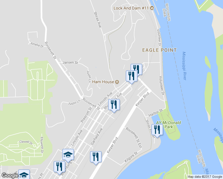 map of restaurants, bars, coffee shops, grocery stores, and more near 2183 Lincoln Avenue in Dubuque