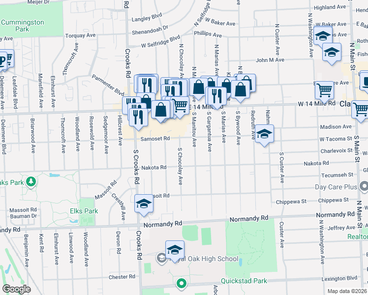 map of restaurants, bars, coffee shops, grocery stores, and more near 237 South Chocolay Avenue in Clawson