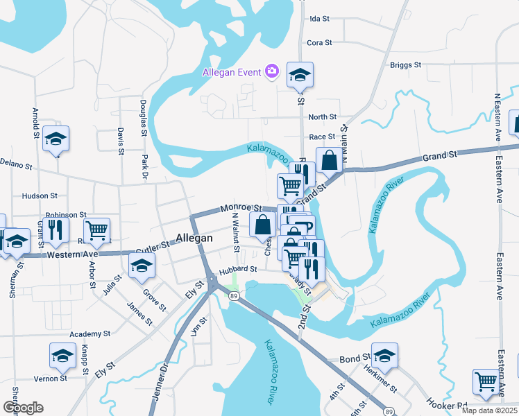 map of restaurants, bars, coffee shops, grocery stores, and more near 231 Monroe Street in Allegan