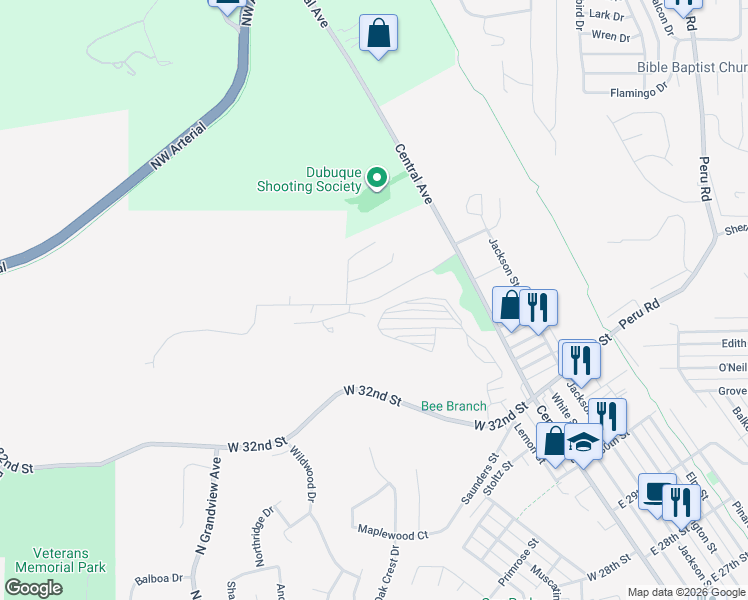 map of restaurants, bars, coffee shops, grocery stores, and more near 805 Hawkeye Heights in Dubuque