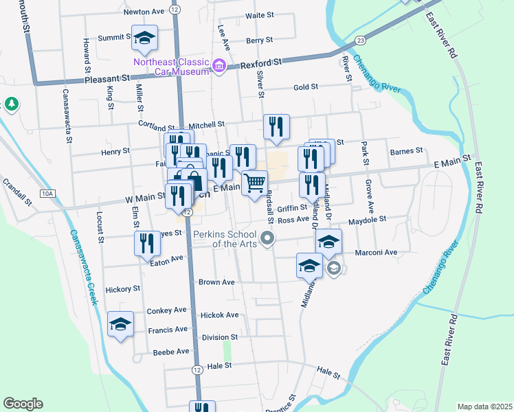 map of restaurants, bars, coffee shops, grocery stores, and more near 2-8 Birdsall St in Norwich