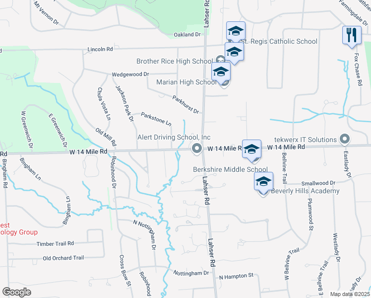 map of restaurants, bars, coffee shops, grocery stores, and more near 22055 W 14 Mile Rd in Beverly Hills