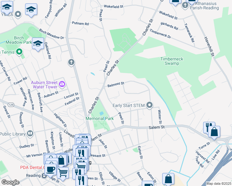 map of restaurants, bars, coffee shops, grocery stores, and more near 75 Pearl Street in Reading