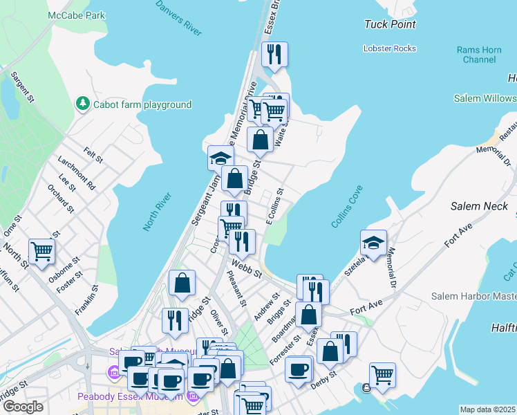 map of restaurants, bars, coffee shops, grocery stores, and more near 65 Bridge Street in Salem