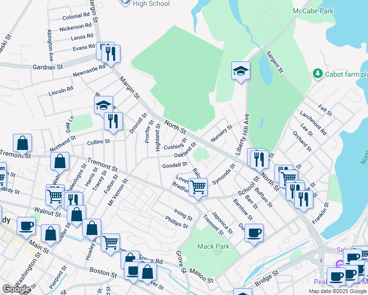 map of restaurants, bars, coffee shops, grocery stores, and more near 6 Cushing Street in Salem