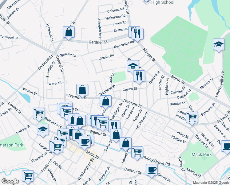 map of restaurants, bars, coffee shops, grocery stores, and more near 30 Collins Street in Peabody