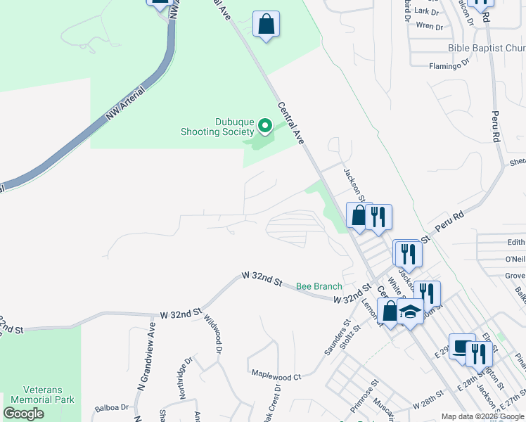 map of restaurants, bars, coffee shops, grocery stores, and more near 805 Hawkeye Heights in Dubuque