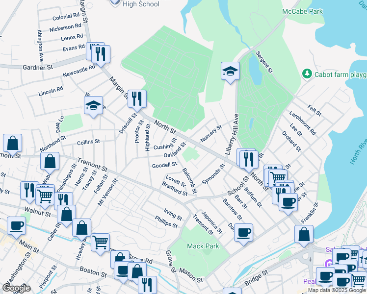 map of restaurants, bars, coffee shops, grocery stores, and more near 5 Oakland Street in Salem