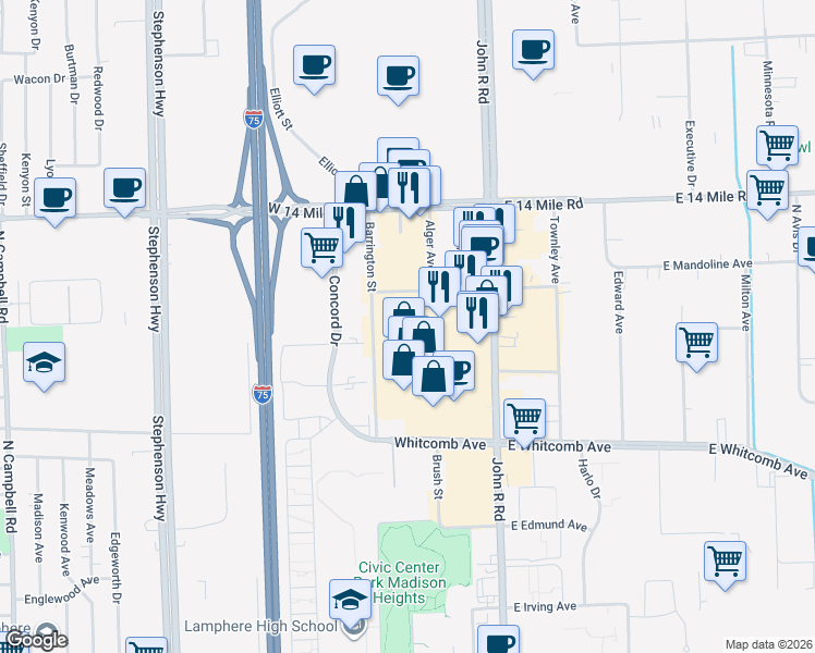 map of restaurants, bars, coffee shops, grocery stores, and more near 32289 John R Road in Madison Heights