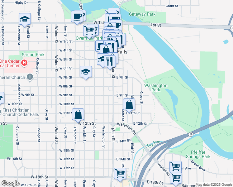 map of restaurants, bars, coffee shops, grocery stores, and more near 802 Main Street in Cedar Falls