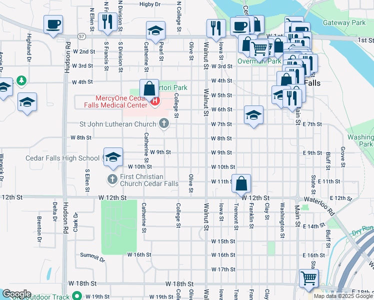 map of restaurants, bars, coffee shops, grocery stores, and more near 810 College Street in Cedar Falls