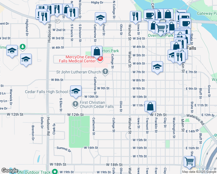 map of restaurants, bars, coffee shops, grocery stores, and more near 915 West 9th Street in Cedar Falls
