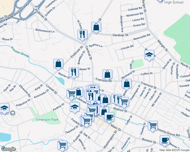 map of restaurants, bars, coffee shops, grocery stores, and more near 64 Central Street in Peabody