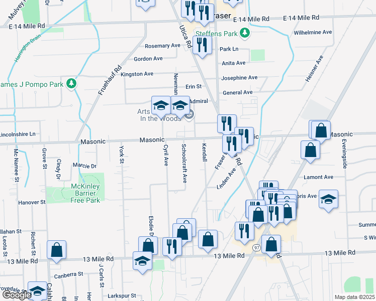 map of restaurants, bars, coffee shops, grocery stores, and more near 16480 Masonic in Fraser