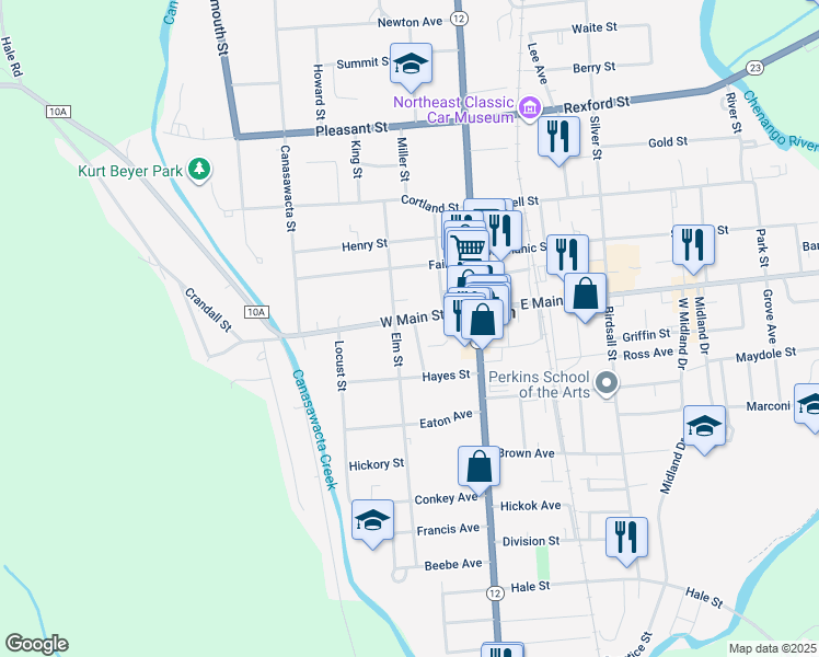 map of restaurants, bars, coffee shops, grocery stores, and more near 29 West Main Street in Norwich