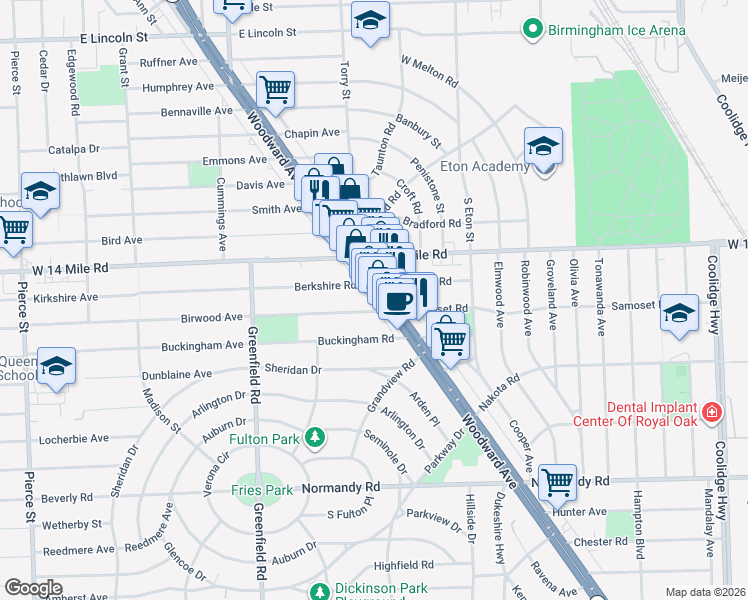 map of restaurants, bars, coffee shops, grocery stores, and more near 32889 Woodward Avenue in Royal Oak