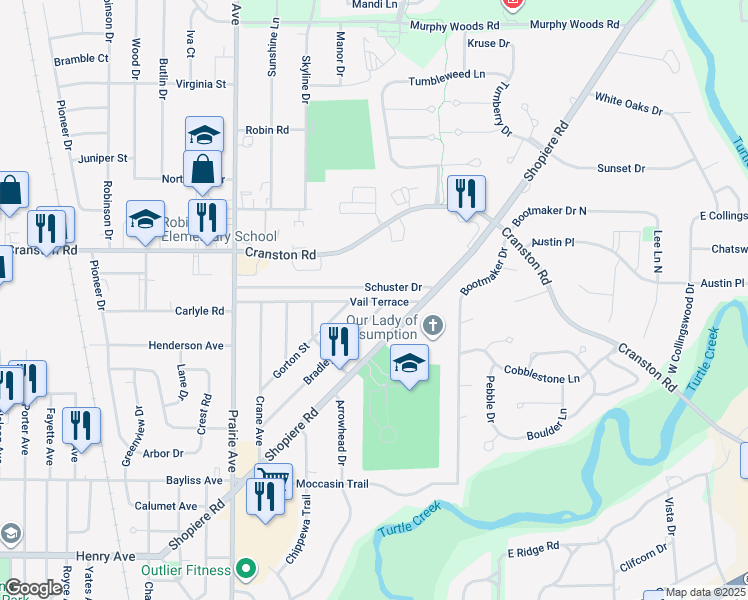 map of restaurants, bars, coffee shops, grocery stores, and more near 2167 Vail Terrace in Beloit