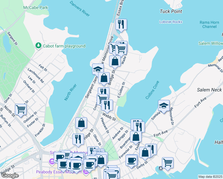 map of restaurants, bars, coffee shops, grocery stores, and more near 65 Bridge Street in Salem