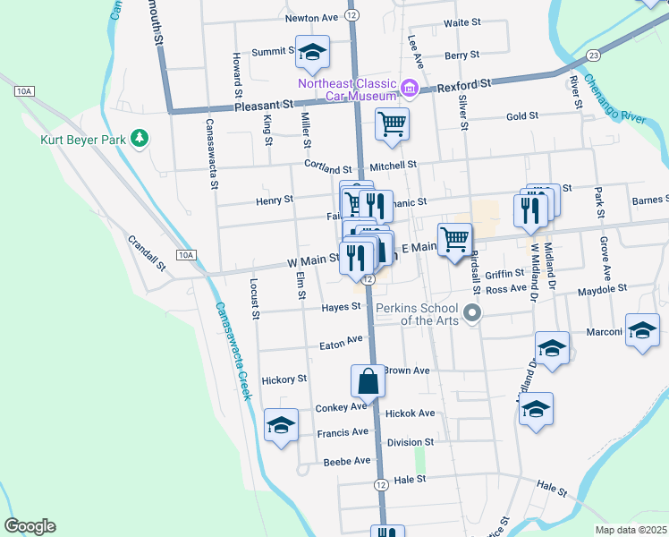 map of restaurants, bars, coffee shops, grocery stores, and more near 11 West Main Street in Norwich