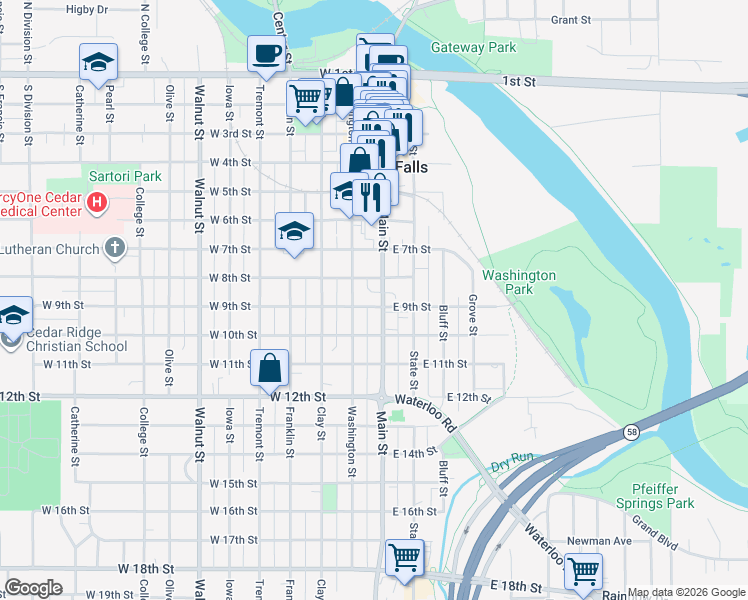 map of restaurants, bars, coffee shops, grocery stores, and more near 808 Washington Street in Cedar Falls