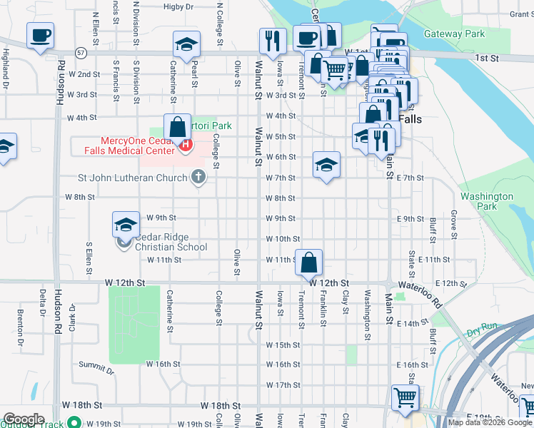 map of restaurants, bars, coffee shops, grocery stores, and more near 809 Iowa Street in Cedar Falls