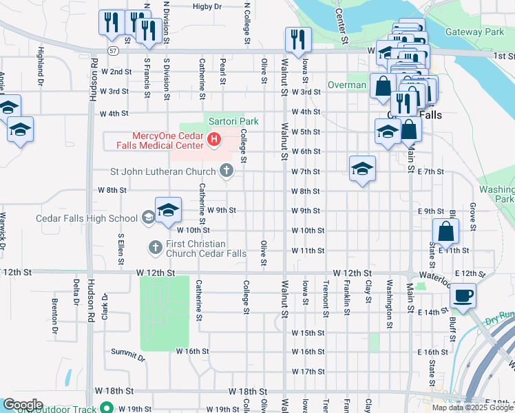 map of restaurants, bars, coffee shops, grocery stores, and more near 810 College Street in Cedar Falls