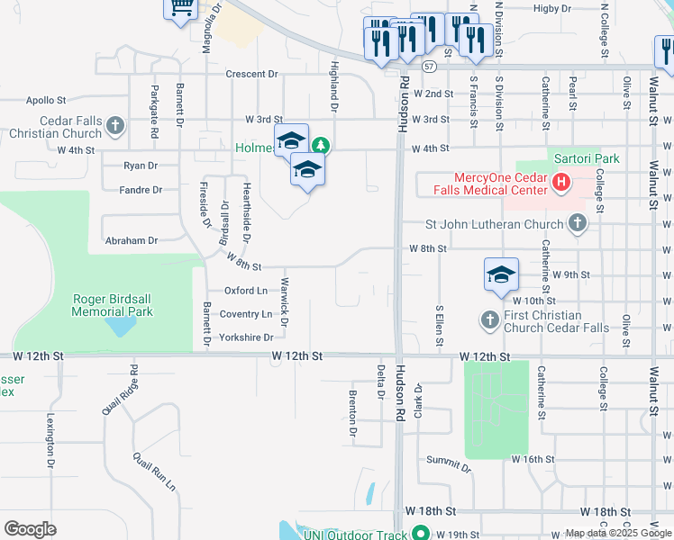map of restaurants, bars, coffee shops, grocery stores, and more near 1923 W 8th St in Cedar Falls