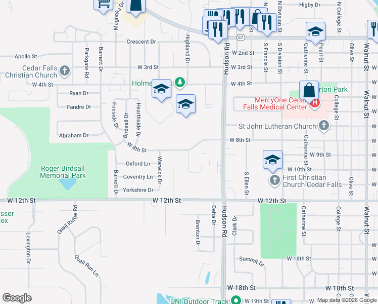 map of restaurants, bars, coffee shops, grocery stores, and more near 1923 W 8th St in Cedar Falls