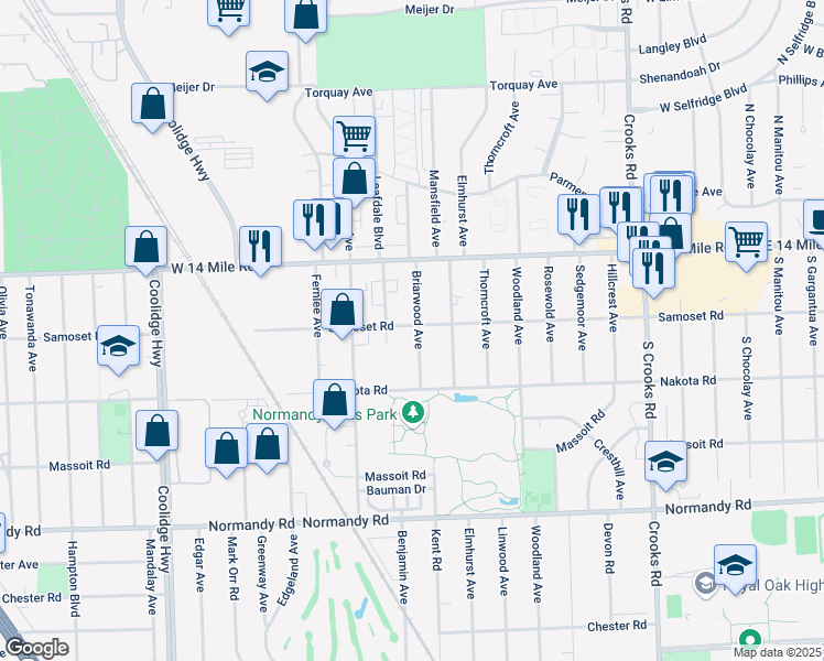 map of restaurants, bars, coffee shops, grocery stores, and more near 4600 Leafdale Avenue in Royal Oak