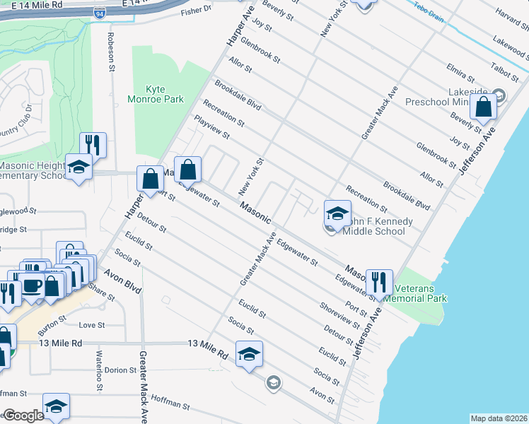 map of restaurants, bars, coffee shops, grocery stores, and more near 32407 Rhode Island Street in St. Clair Shores