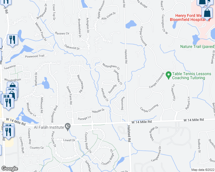 map of restaurants, bars, coffee shops, grocery stores, and more near 7215 Sturnbridge in West Bloomfield Township