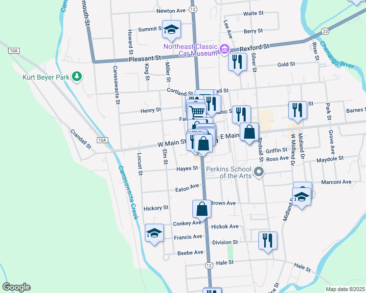 map of restaurants, bars, coffee shops, grocery stores, and more near 15 West Main Street in Norwich