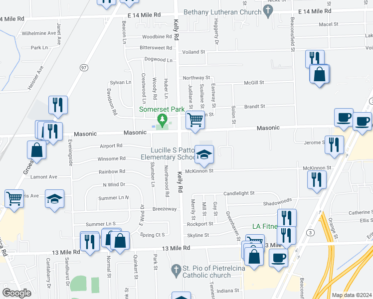 map of restaurants, bars, coffee shops, grocery stores, and more near 31842 Kelly Road in Roseville