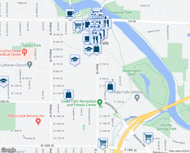map of restaurants, bars, coffee shops, grocery stores, and more near 815 Main Street in Cedar Falls