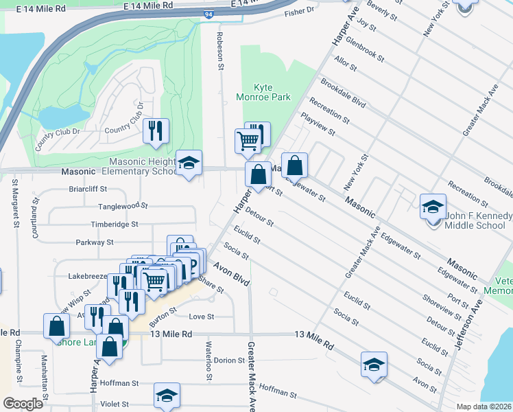 map of restaurants, bars, coffee shops, grocery stores, and more near 22409 Detour Street in St. Clair Shores