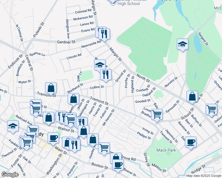 map of restaurants, bars, coffee shops, grocery stores, and more near 33 Driscoll Street in Peabody