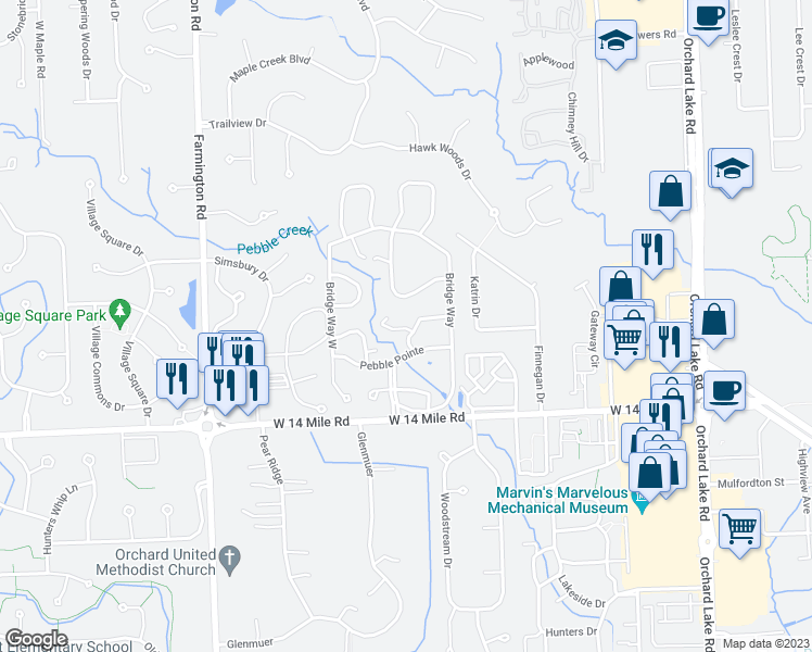 map of restaurants, bars, coffee shops, grocery stores, and more near 7338 Creek View Court in West Bloomfield Township