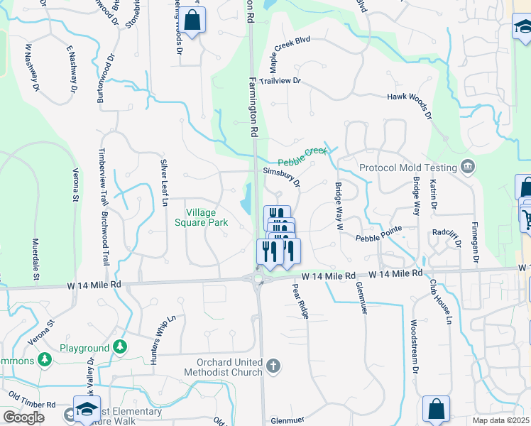 map of restaurants, bars, coffee shops, grocery stores, and more near 7318 Danbury Drive in West Bloomfield Township