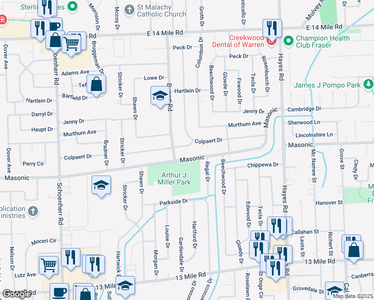 map of restaurants, bars, coffee shops, grocery stores, and more near 14510 Colpaert Drive in Warren