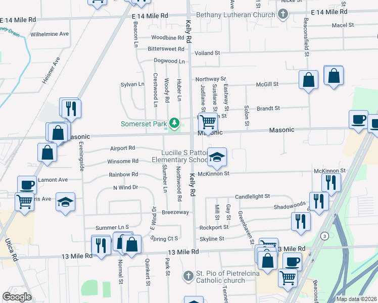 map of restaurants, bars, coffee shops, grocery stores, and more near 31842 Kelly Road in Roseville