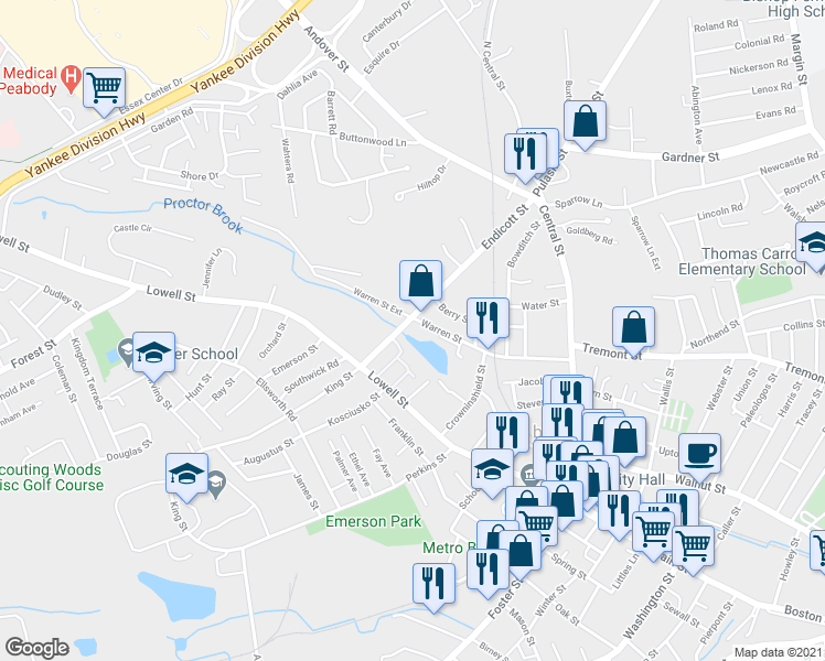 map of restaurants, bars, coffee shops, grocery stores, and more near 70 Endicott St in Peabody