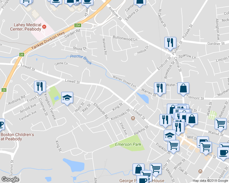 map of restaurants, bars, coffee shops, grocery stores, and more near 159 Lowell Street in Peabody