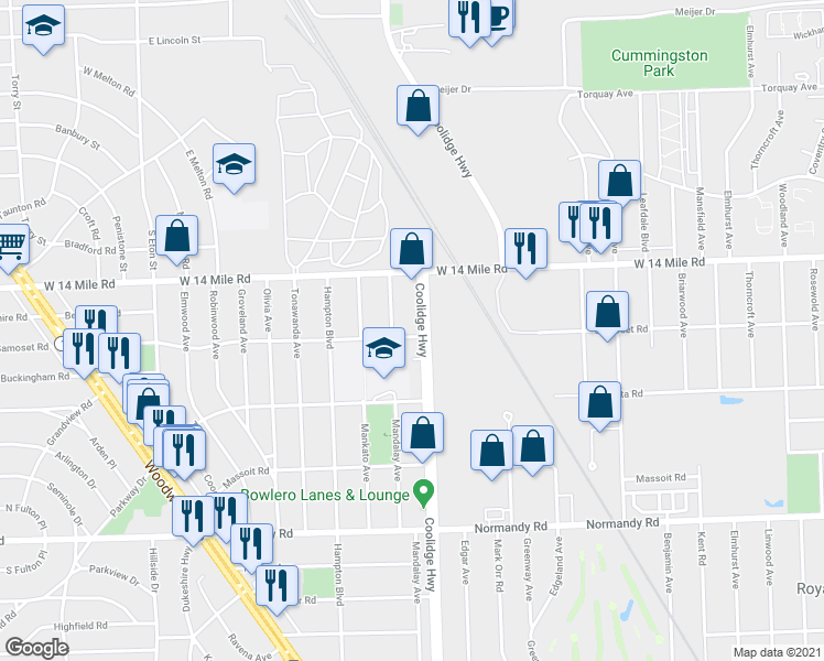 map of restaurants, bars, coffee shops, grocery stores, and more near 4612 Mandalay Avenue in Royal Oak