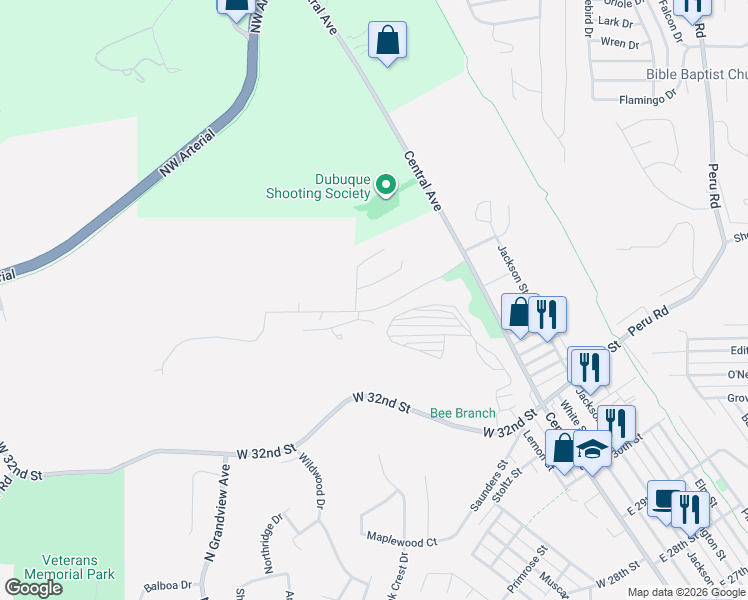 map of restaurants, bars, coffee shops, grocery stores, and more near 805 Hawkeye Heights in Dubuque
