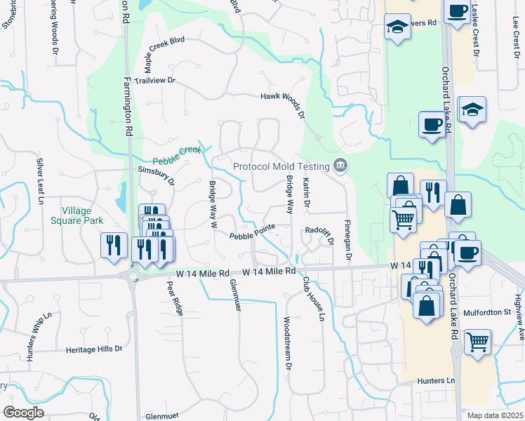map of restaurants, bars, coffee shops, grocery stores, and more near 7338 Creek View Court in West Bloomfield Township