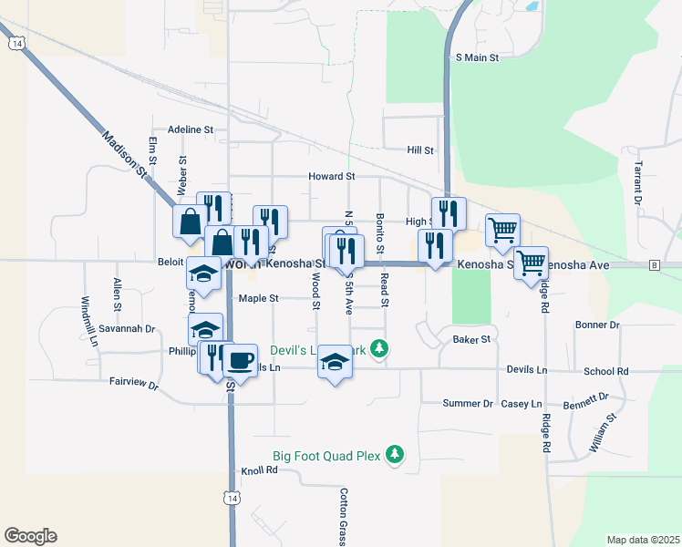 map of restaurants, bars, coffee shops, grocery stores, and more near 325 Kenosha Street in Walworth